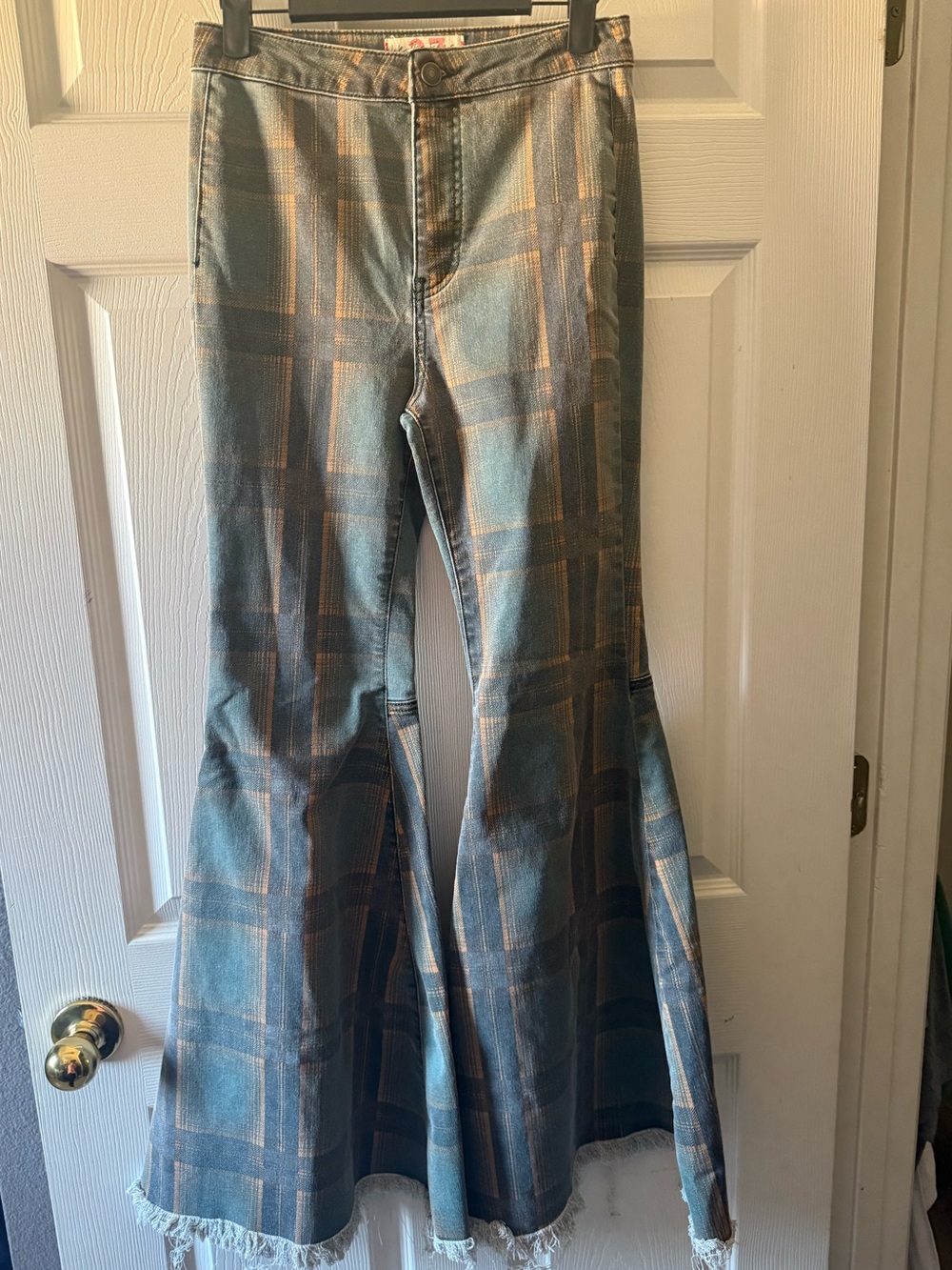 Free People Blue Plaid Wide Leg Flare Jeans